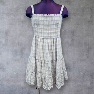 Hollister Smocked Tiered Gingham Mini Dress Blue White Size Large Cottage H28